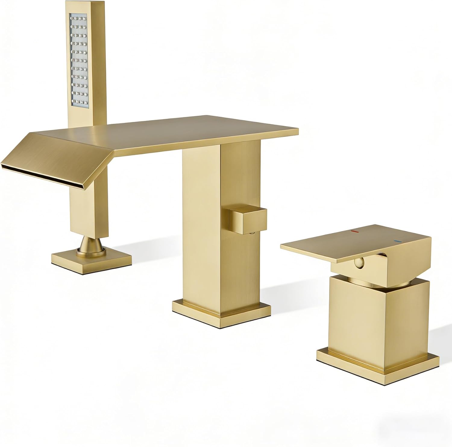 Waterfall Roman Tub Faucet with Handheld Shower, Deck Mount Bathtub Faucet 3-Hole, Modern High Flow Brass Bathroom Tub Filler Set Brushed Gold FInish