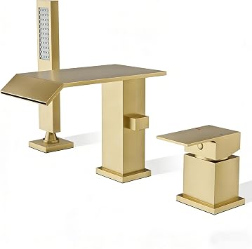 Waterfall Roman Tub Faucet with Handheld Shower, Deck Mount Bathtub Faucet 3-Hole, Modern High Flow Brass Bathroom Tub Filler Set Brushed Gold FInish
