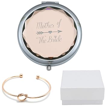Mother of The Bride Champagne Compact Pocket Makeup Mirror with Rose Gold Knot Bracelet and Gift Box for Wedding Proposal Gift