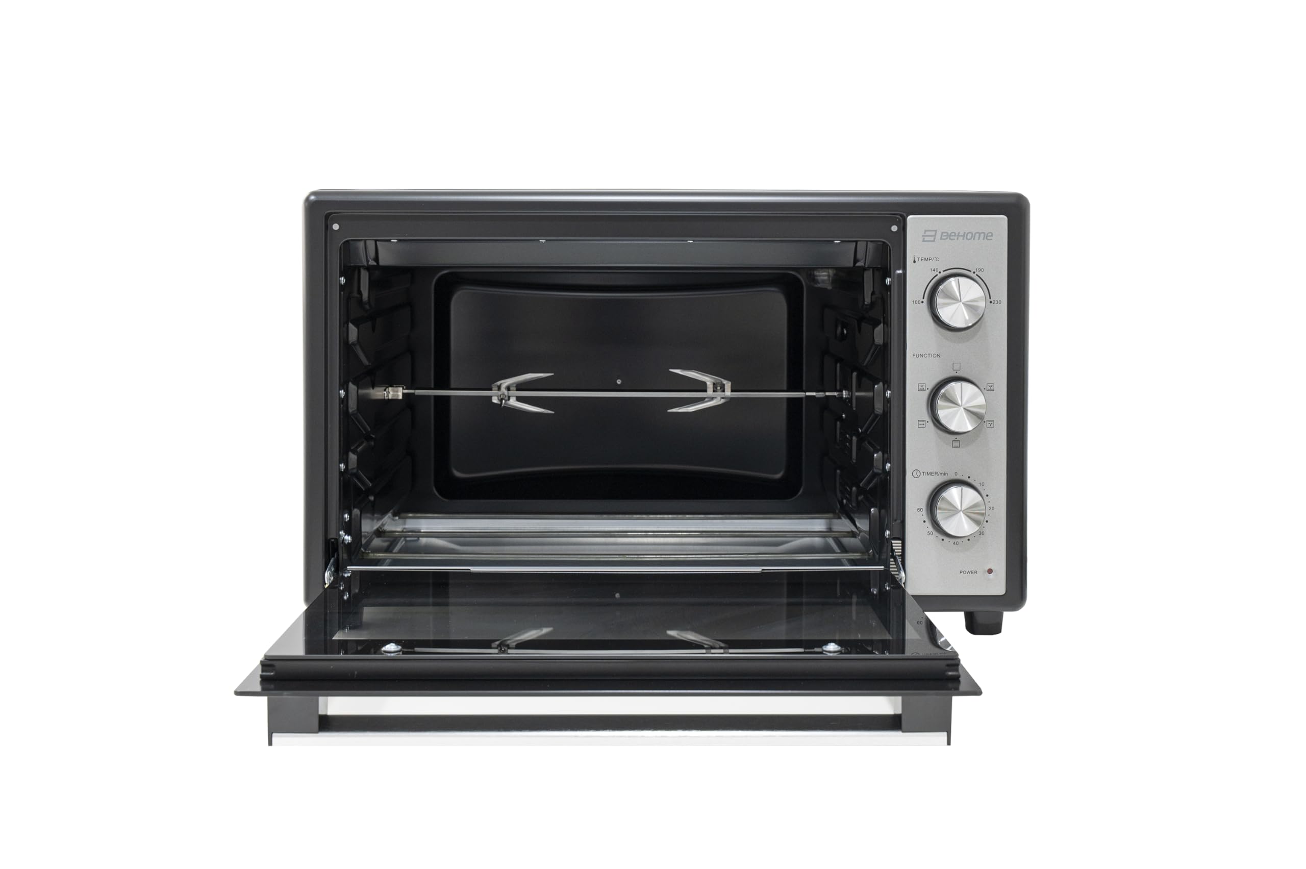 BEHOME Forno Elettrico Ventilato Esterno 70 litri, Forno grande da esterno con Girarrosto, Temperatura 230°, Timer 60', Griglia, Teglia, Leccarda e accessori per girarrosto inclusi, con doppio vetro