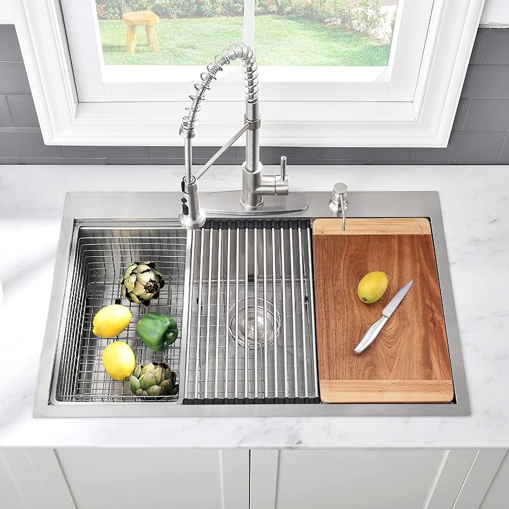 28 Inch Drop In Kitchen Sink Workstation-VASOYO 28x20 Drop In Sink Topmount 16 Gauge Deep Stainless Steel Single Bowl Kitchen Sinks with Cutting Board
