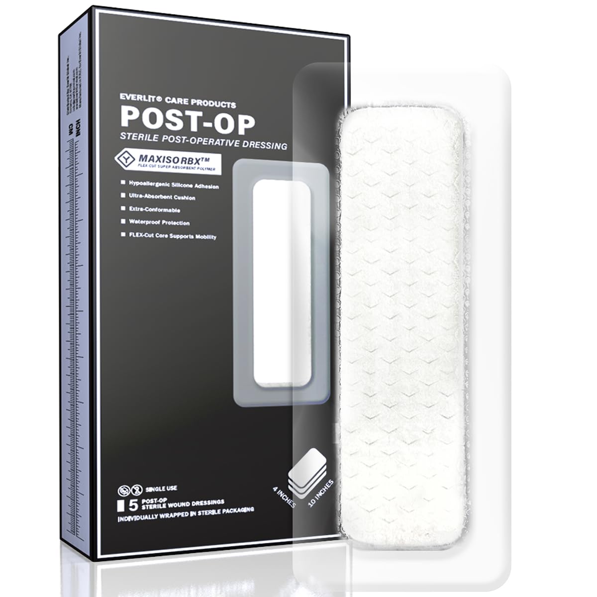 EVERLIT Post-OP Dressing | Sterile Waterproof Adhesive Dressing for Post-Operative Wound Care | Hypoallergenic Silicone Coated Bandage for Surgical Incision Pack of 5 (4" x 10")