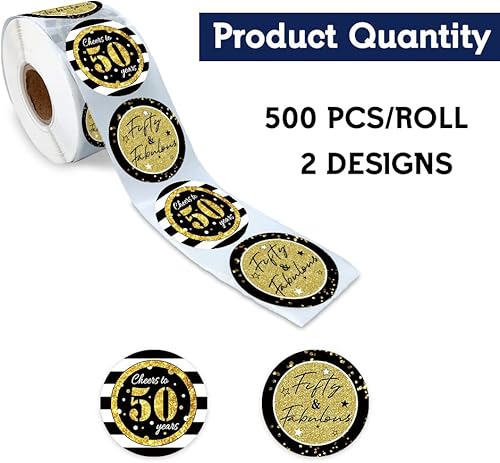 Miniatura 9 de REWIDPARTY Rollos de calcomanías de 50 cumpleaños de oro rosa (500 piezas) calcomanías de feliz cumpleaños 50 y fabulosas calcomanías redondas para