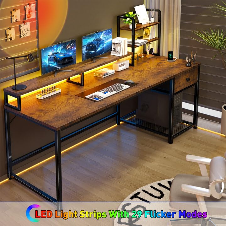 Image of EnHomee 55 inch Reversible Computer Desk, Hutch, USB & LED, Rustic Brown | Fits 2 Monitors on Stand; Drawer & 3 Shelves; 60,000 Colors Music Sync RGB; 3 AC Ports & Type-C; Steel Frame; Easy Build