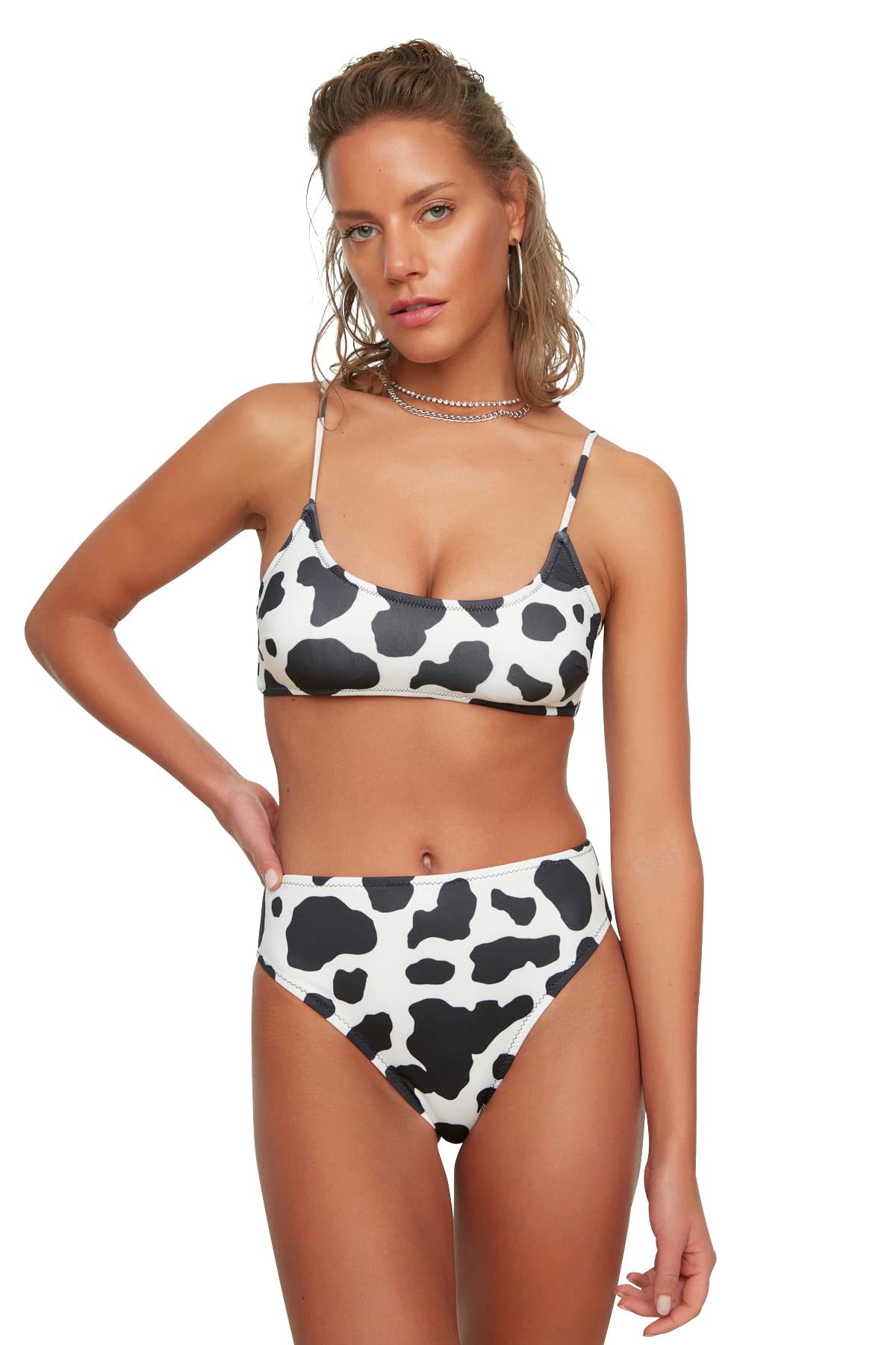 Trendyol Damen Schwarz Hoher Taillenbikini Mit Tiermuster Bikini Bottoms, 38 Eu