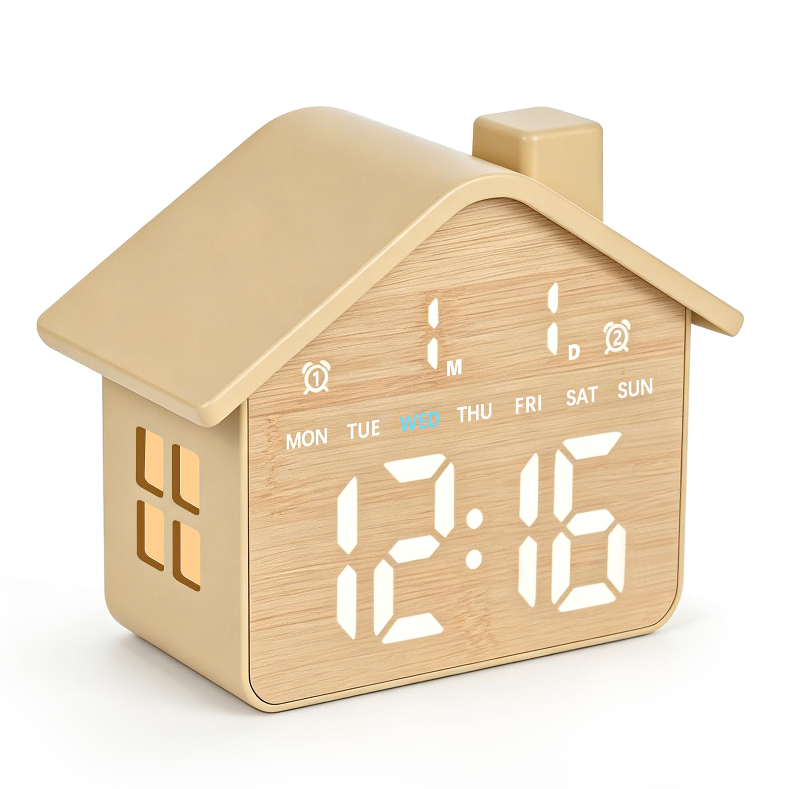 Foyucool Cute House Alarm Clock Mains Powered for Bedroom, Wood Grain