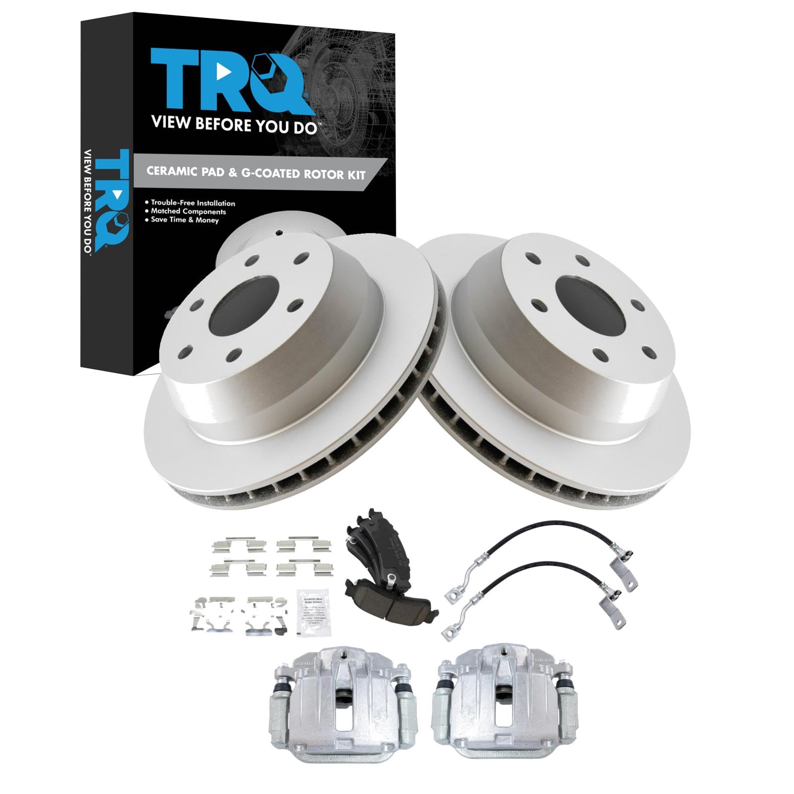 TRQ Rear Brake Pad &amp; Rotor Kit Ceramic Premium G-Coated Compatible with 2001 Chevrolet Silverado 1500 GMC Sierra 1500