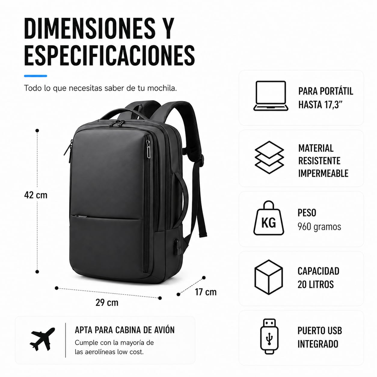 Mochila ordenador viaje 40x20x30, vueling,Mochila de trabajo mujer/hombre, mochila portatil con USB,Impermeable, equipaje de mano,cabina, Backpack travel PortatilNegocio Trabajo Diario y Escolares