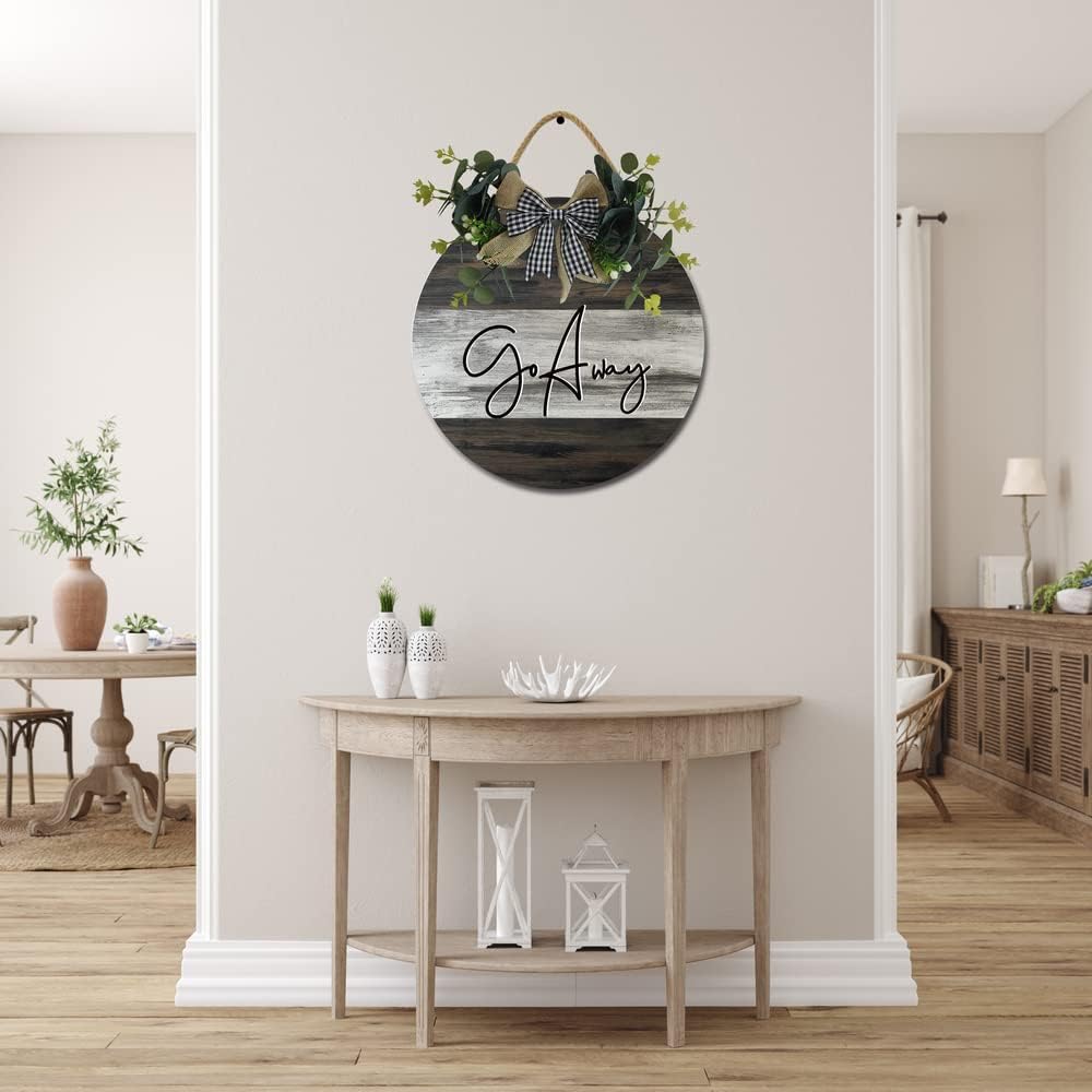 Go Away Sign Front Door Porch Decorations, Round Rustic Wood Hanging Sign for Farmhouse Porch Outdoor Home Holiday Front Door Sign Decor