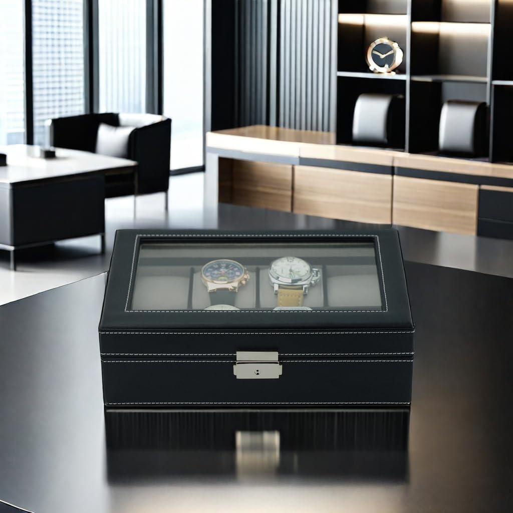TIMELYBUYS Elegant XL Oversized Extra Large Watch Display Case and Storage Organizer Box for up to 65 MM Watches with Glass Top and Large Pillows Father's Day Gift
