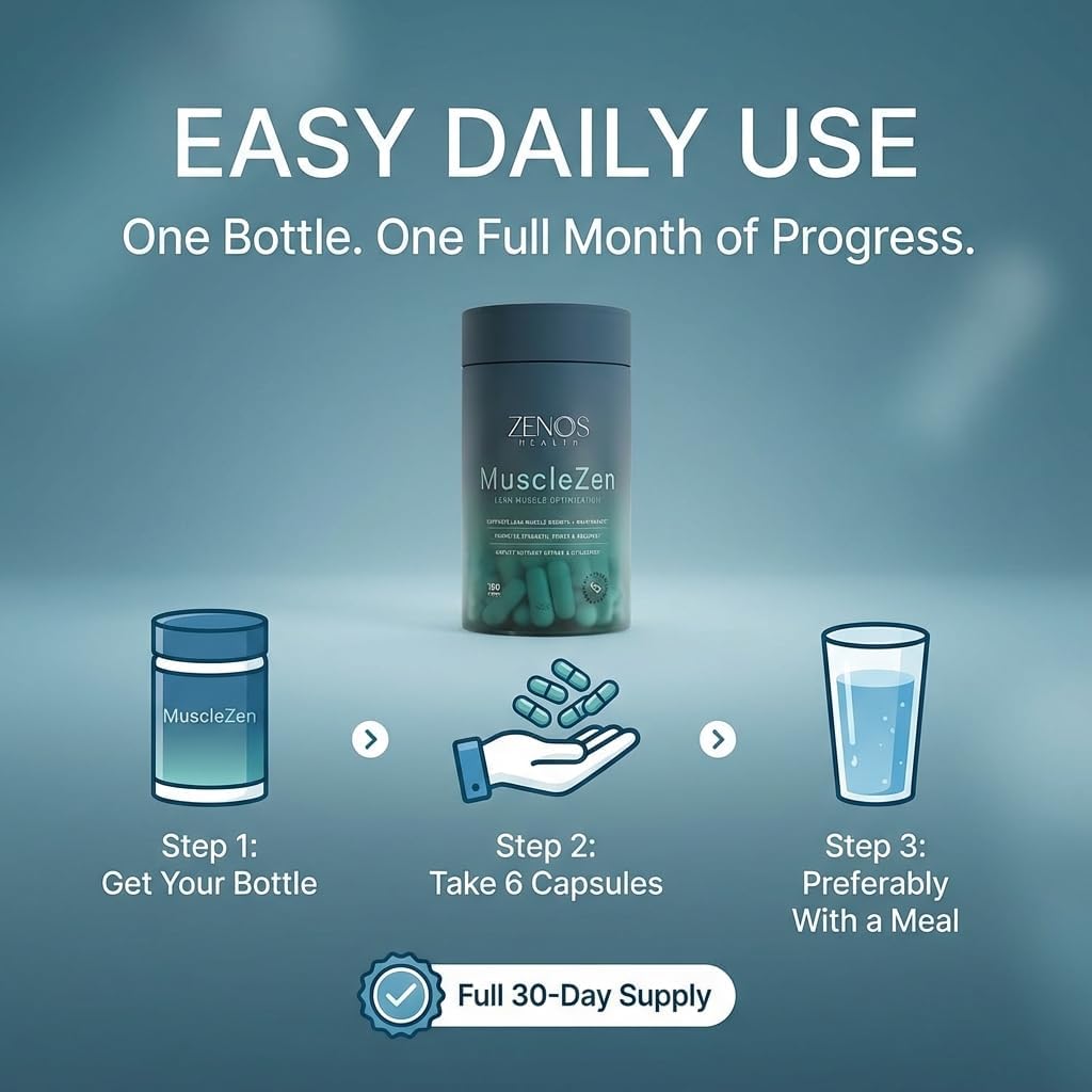 Zenos Health MuscleZen Muscle Builder for Men – ATP Supplements for Strength – Muscle Supplements for Super Recovery – Clear Muscle Support for Lean Muscle Growth - Made in USA, 180 Caps