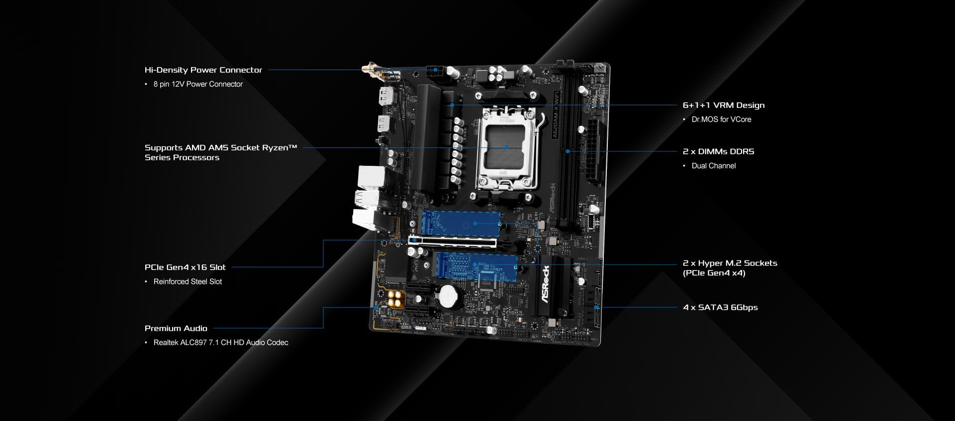 ASRock A620AM-X WiFi Micro-ATX Motherboard | AMD AM5 Socket | Supports Ryzen 9000/8000/7000 | DDR5 8000+ OC | WiFi 5 | 2.5G LAN | BIOS Flashback