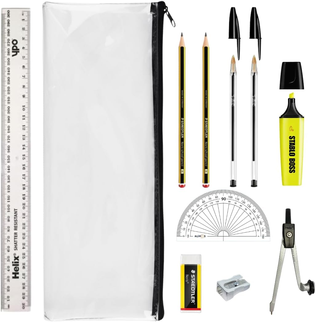 GCSE Complete Exam Stationery Bundle Set Bundled With Bic Pens, Geometry Set & Clear Exam Pencil Case Back To School Kit