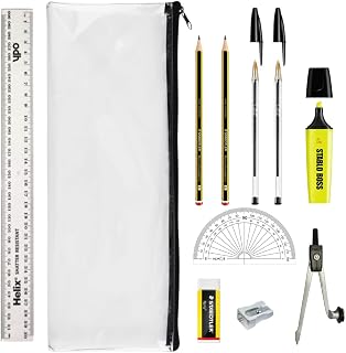 GCSE Complete Exam Stationery Bundle Set Bundled With Bic Pens, Geometry Set & Clear Exam Pencil Case Back To School Kit