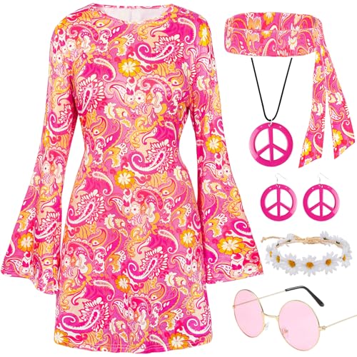 Boyigog 70er Hippie Kleidung Damen-6 Stück mit Kleid mit Blumenmuster Stirnband Girlanden Brille Ohrringe Halskette, 70er Karneval Kostüm Damen,...