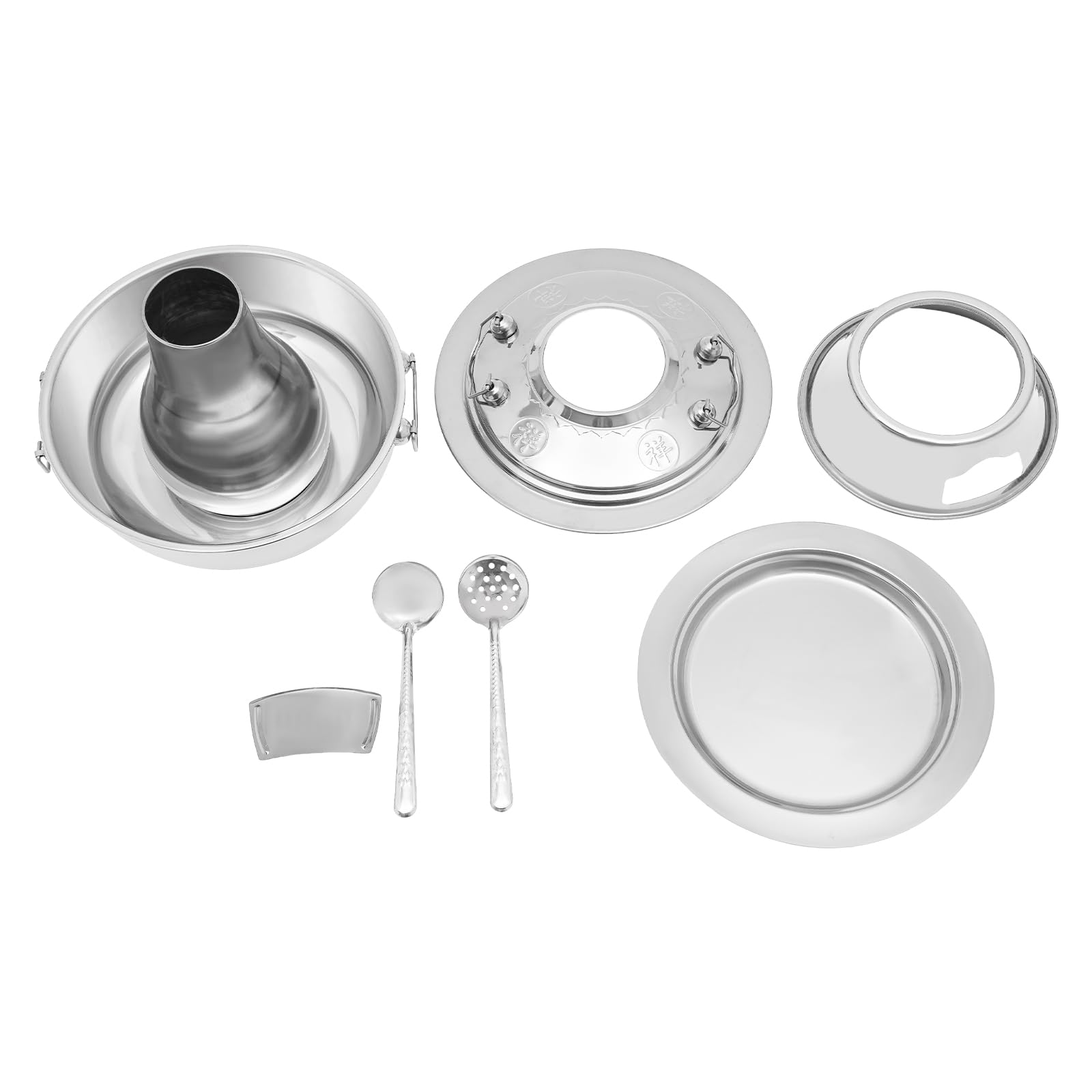 Chinesischer Holzkohle-Hotpot 2.3L Edelstahl Vintage mit Schornstein, Suppenlöffel und Sieb für Haushalt Restaurants (Silber)