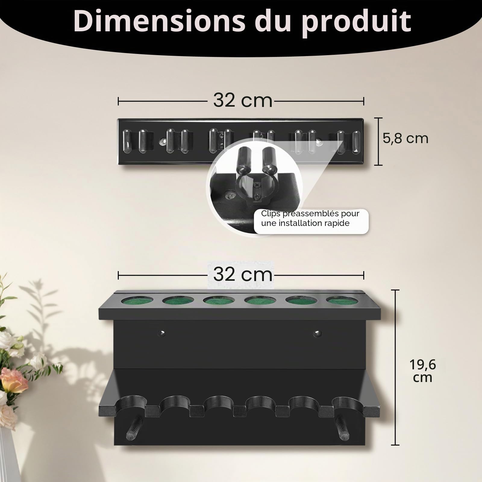 Support Mural pour Queue de Billard, Porte Queue de Billard en Bois, Organisateur de 6 Queues de Billard, Équipement et Accessoires de Table
