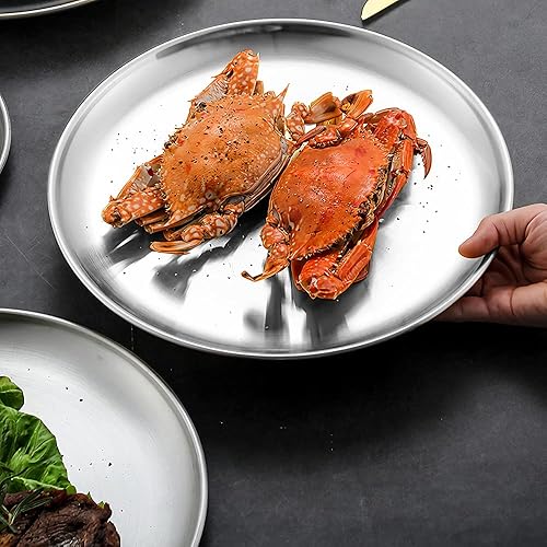 Miniatura 7 de Betinyar 2 platos llanos de acero inoxidable de 10.2 pulgadas, platos de acero inoxidable, platos de metal para ensalada de carne, plato de acero