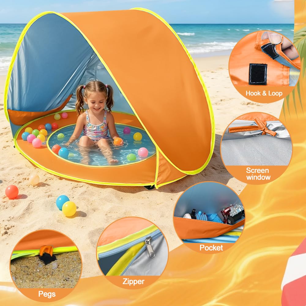 Tenda da Spiaggia Bambini Pop Up con Mini Piscina Protezione UV UPF 50+ Portatile Arancione