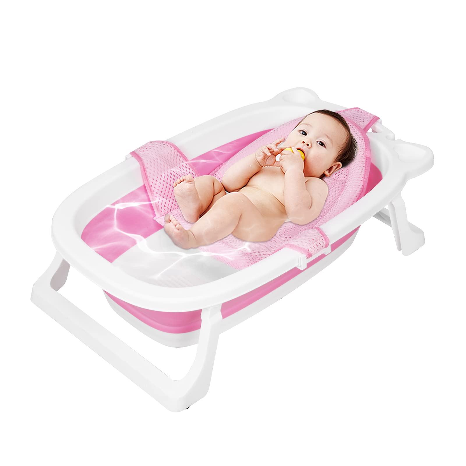 Bañera Plegable Multifuncional para Bebés y Niños Pequeños Con Termómetro, Cama de Baño y Juguetes, Antideslizante, 0-8 Años (Rosa)