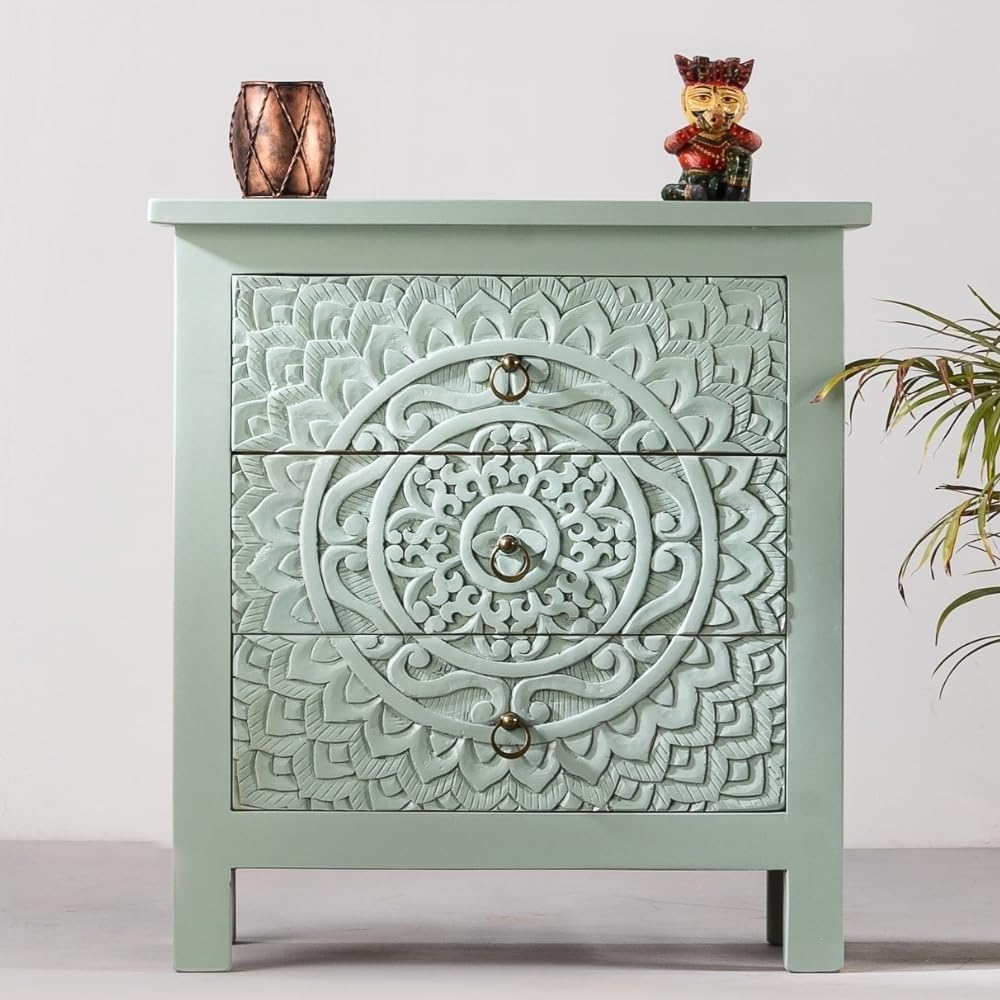 Solid Wooden Handcarving Chest of Three Drawer Cabinet Antique Organization Unit Sofa Side Table | Bedside Table for Living Room & Bed Room | 40D x 70W x 76H CM-image-37