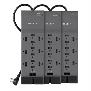 Belkin 12-Outlet Surge Protector Power Strip, 3780J, 8ft Cord, 3 Pack | UL listed, flat plug, bulk pack for office, classroom, or home theater, heavy-duty extension cord