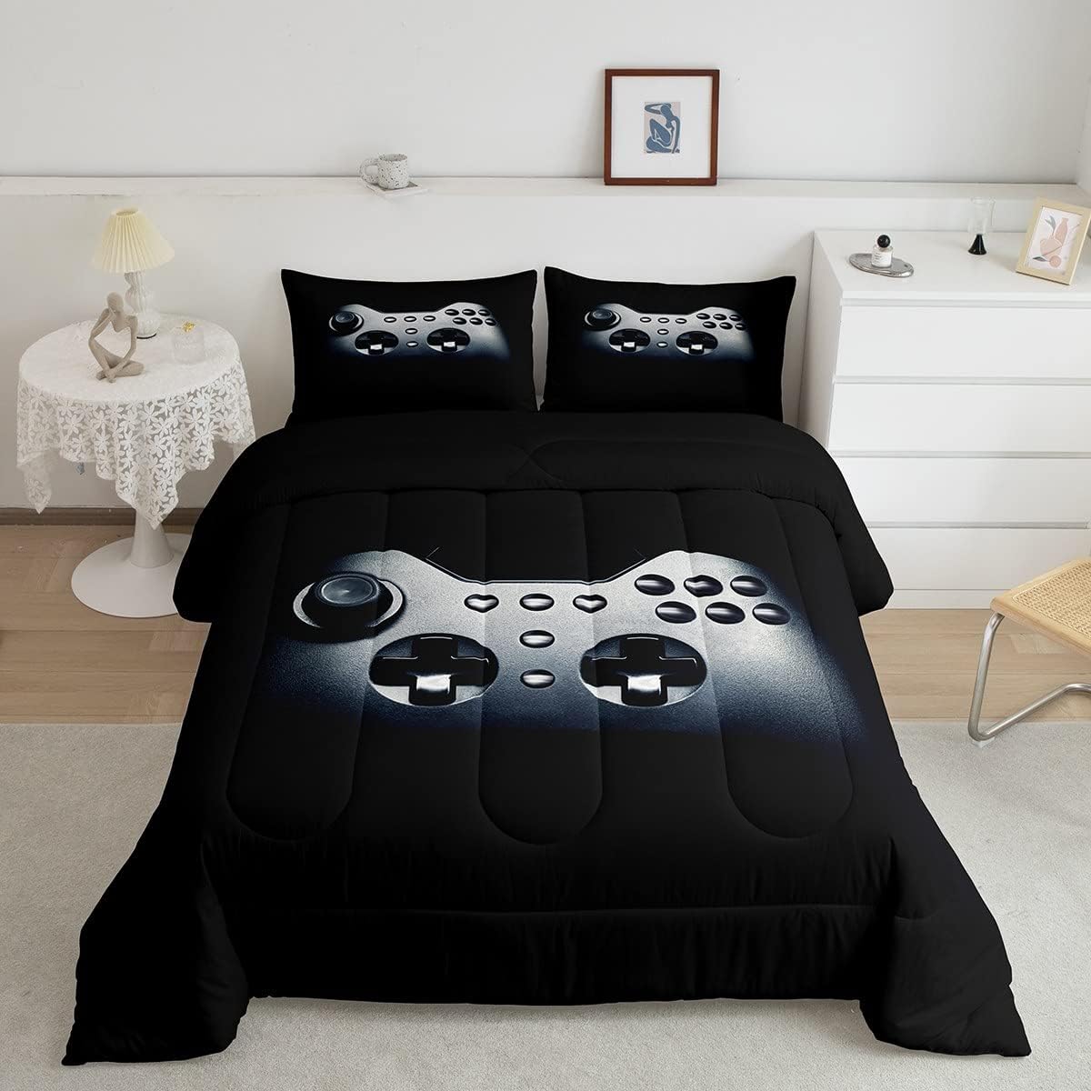 Feelyou Gamer Comforter Set for Boys Teens Kids Game Headphones Keyboard Mouse Gamepad Duvet Cover Full Size Black Red Gaming Bedding Set Game Peripherals Decor Quilted Duvet Set with 2 Pillow Shams