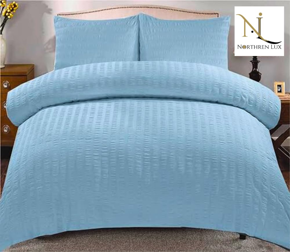 Northern Luxe Duck Egg Seersucker Duvet Cover Sets Luxury Natural Microfiber Soft Cosy Easy Care Quilt Bedding Set With Pillowcases (Double, )