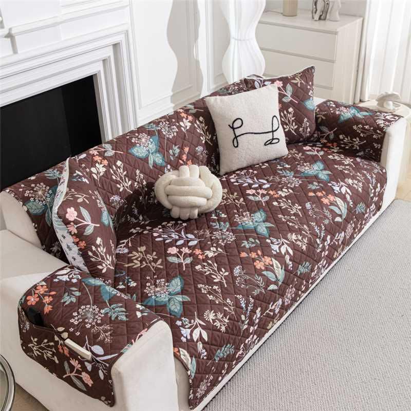 Image of HOMETHREADS Premium Style Anti Slip Sofa Cover Set | Cotton Sofa Slipcover | 1Pc Front Cover with Attached Armrest + 1Pc Back Cover (Dark Brown Flower, 2 Seater | 120x185cm)