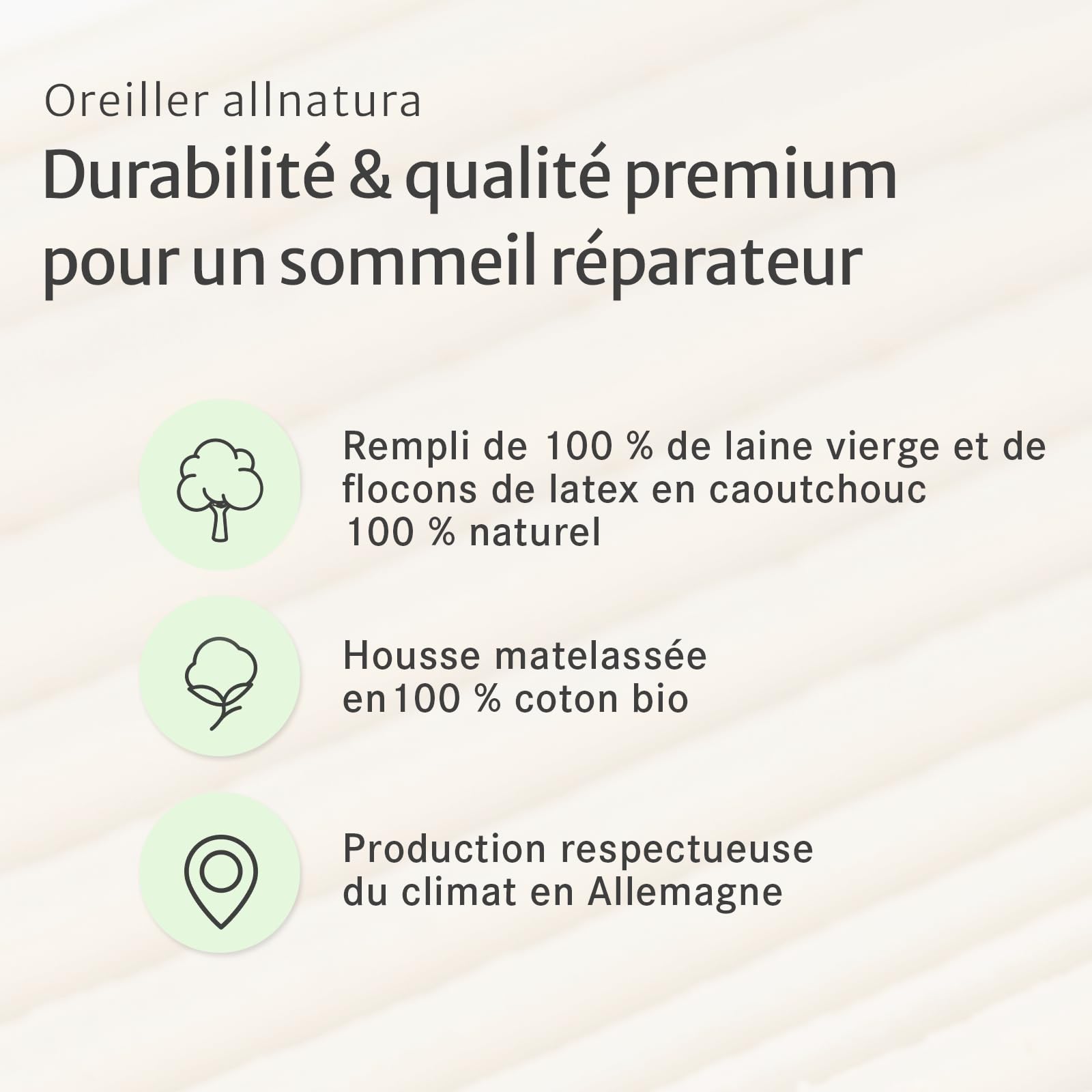 allnatura Grand Coussin pour dormeurs latéraux Lano avec Housse en Coton Biologique 40x140 – Coussin Durable et Ajustable en Flocons de Laine et de Latex – Lavable en Machine & fabriqué en Allemagne