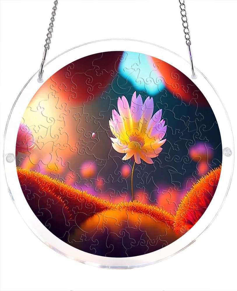 Flower in Fantasy Landscape Acrylic Jigsaw Puzzles Suncatcher, 8.9 Inch Window Hanging Suncatcher Acrylic Puzzle, DIY Home Decor Art Gift