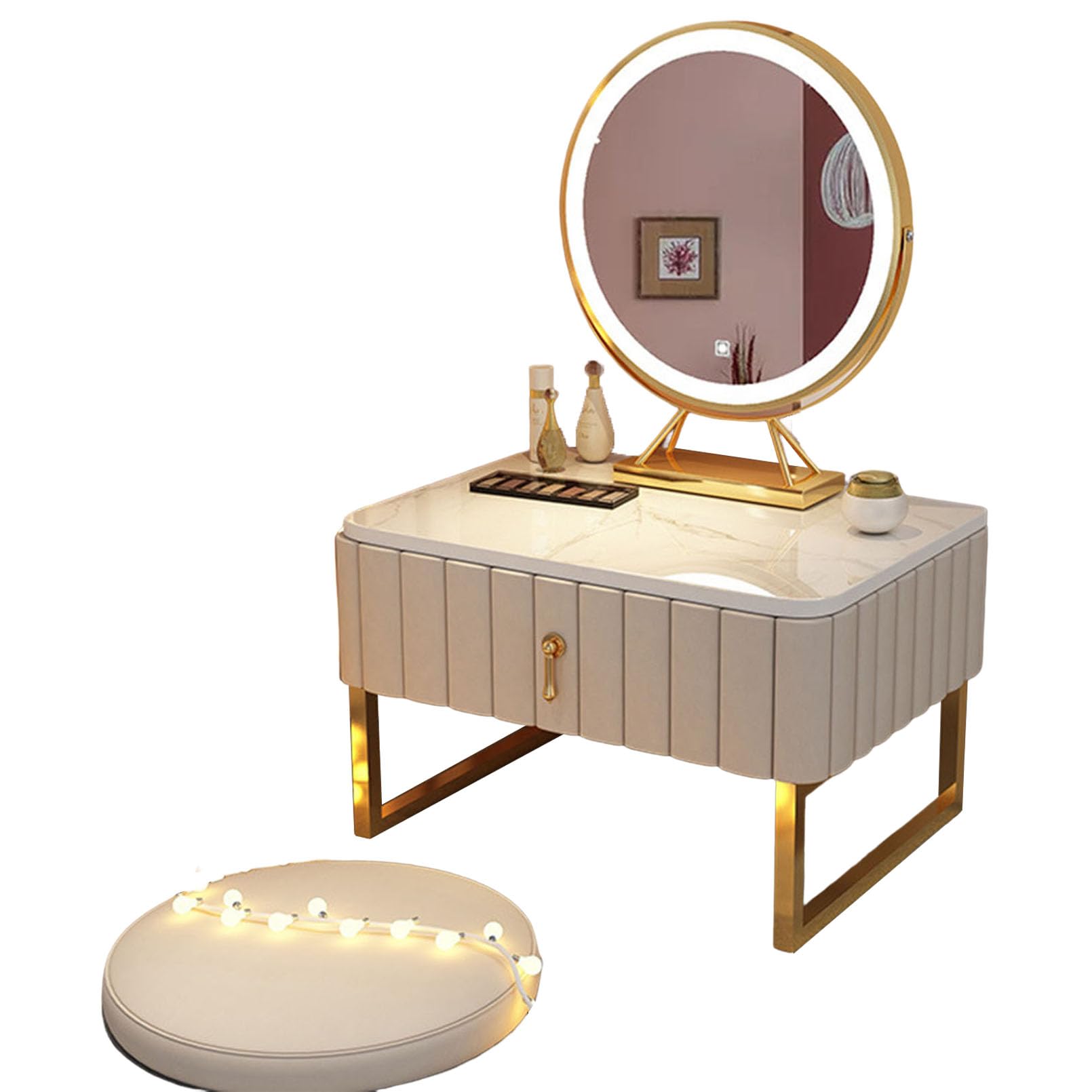 asdchZen Vanity Table With Hd Mirror 3-Color Touch Adjustable Brightness Storage Drawers Modern Dressing Table For Bedroom Makeup Desk With Cushions