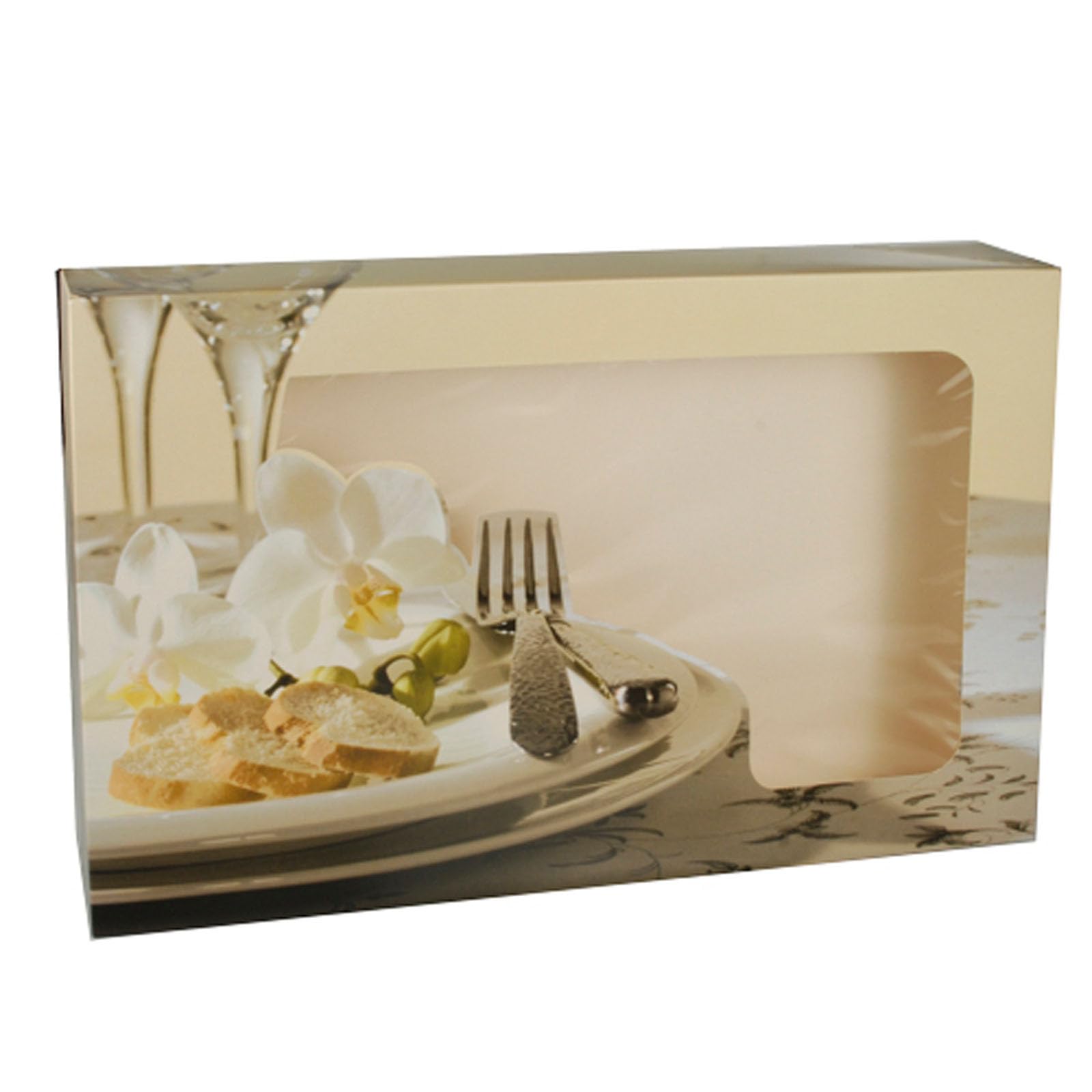 5 Cajas de transporte-catering 8 cm x 55 cm x 37,5 cm "Orquidea" con ventana, dos piezas