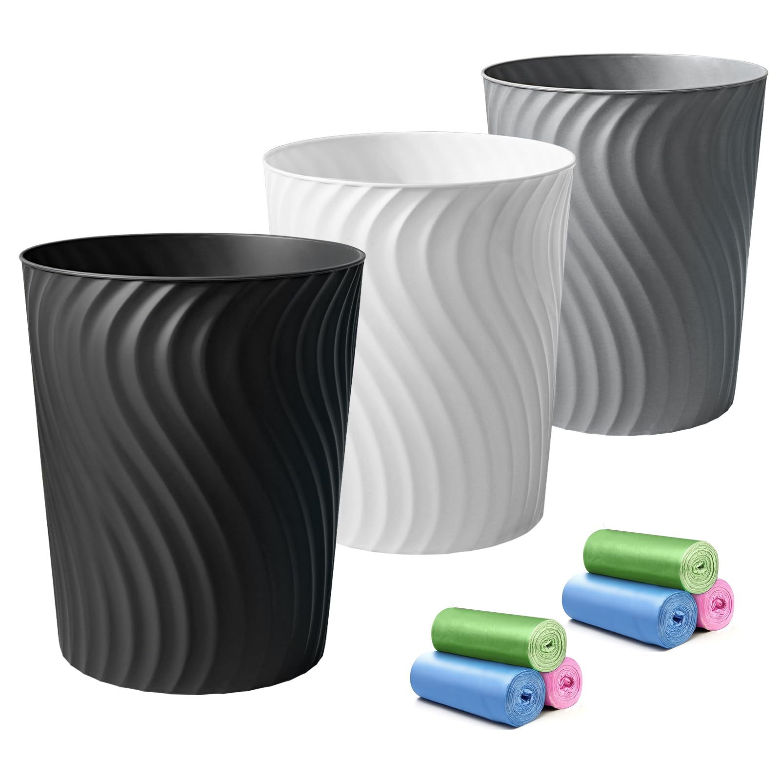 Photo 1 of YGJT Small Trash Can, 3 Pack 1.8 Gallons Bathroom Trash Can Waste Basket, Round Garbage Can, Plastic Trash Bin for Kitchen, Dorm, Bedroom, Office, Living Room, Study, Compact Spaces(White Black Grey)