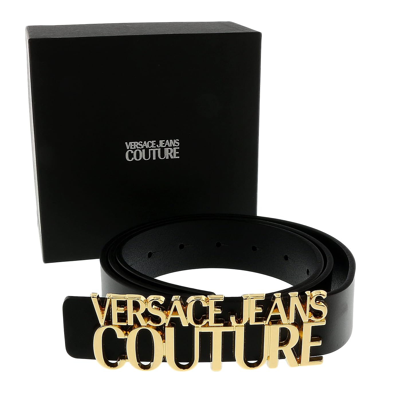 Versace Jeans Couture Black Gold Lettering Buckle Leather Belt 40 - Main Image