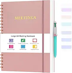Meeting Notebook for Work, Notebooks for Work 8.5" x 11", Professional Meeting Notes Notebook for Women Men, Large Spiral Notebook with Numbered Page, Sticky Tabs, PVC Pockets for Organization, Pink
