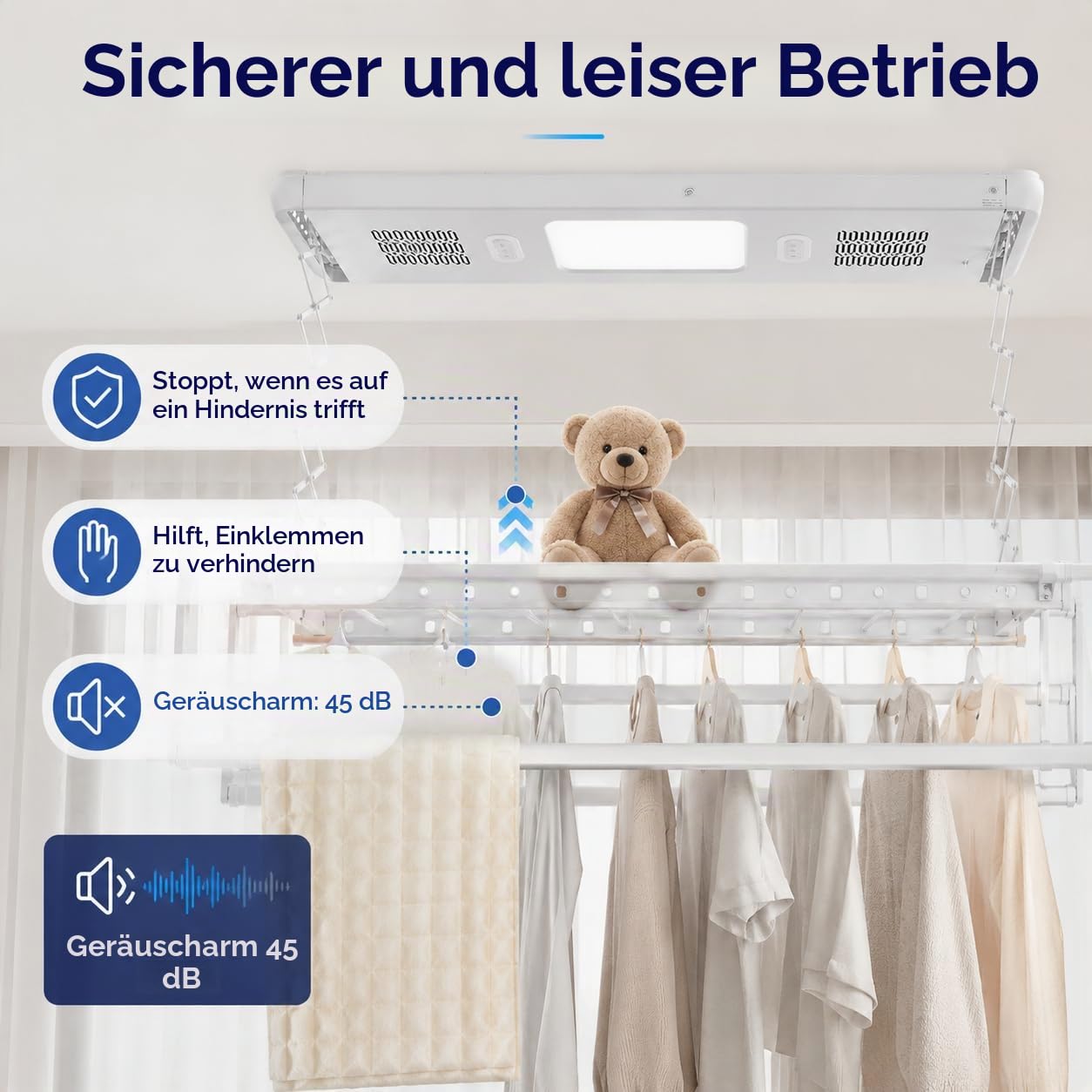 Elektrischer Wäscheständer Deckenmontage Mit Fernbedienung und LED-Licht,Verstellbare Länge und Höhe Wand und Decken Wäscheständer,Für Familien, Balkone, Wohnungen (Weiß)