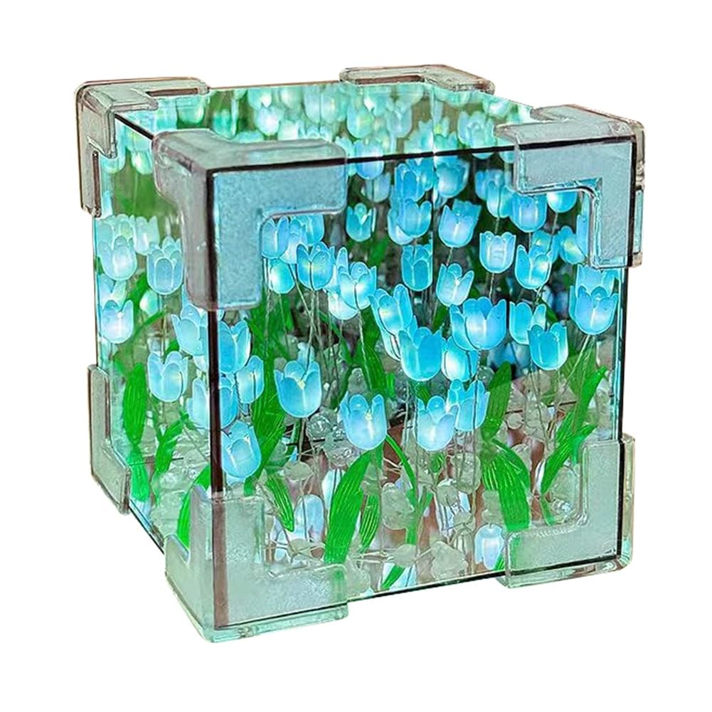 CTRLZS DIY Tulips Mirror Cube Night Light Room Lamp Decor Ornament Handmade Material Package Desk Decoration Blue