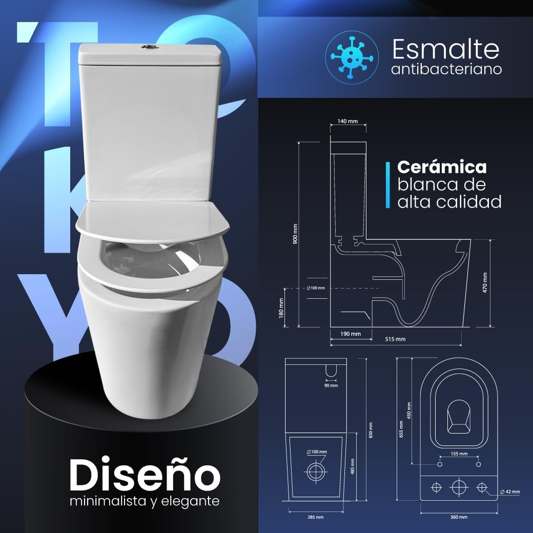 Inodoro Adaptado para Personas con Movilidad Reducida - WC con Sistema Rimless Antibacterias - Váter Ergonómico con Tapa UF Amortiguada y Altura Accesible - Salida Dual Eficiente