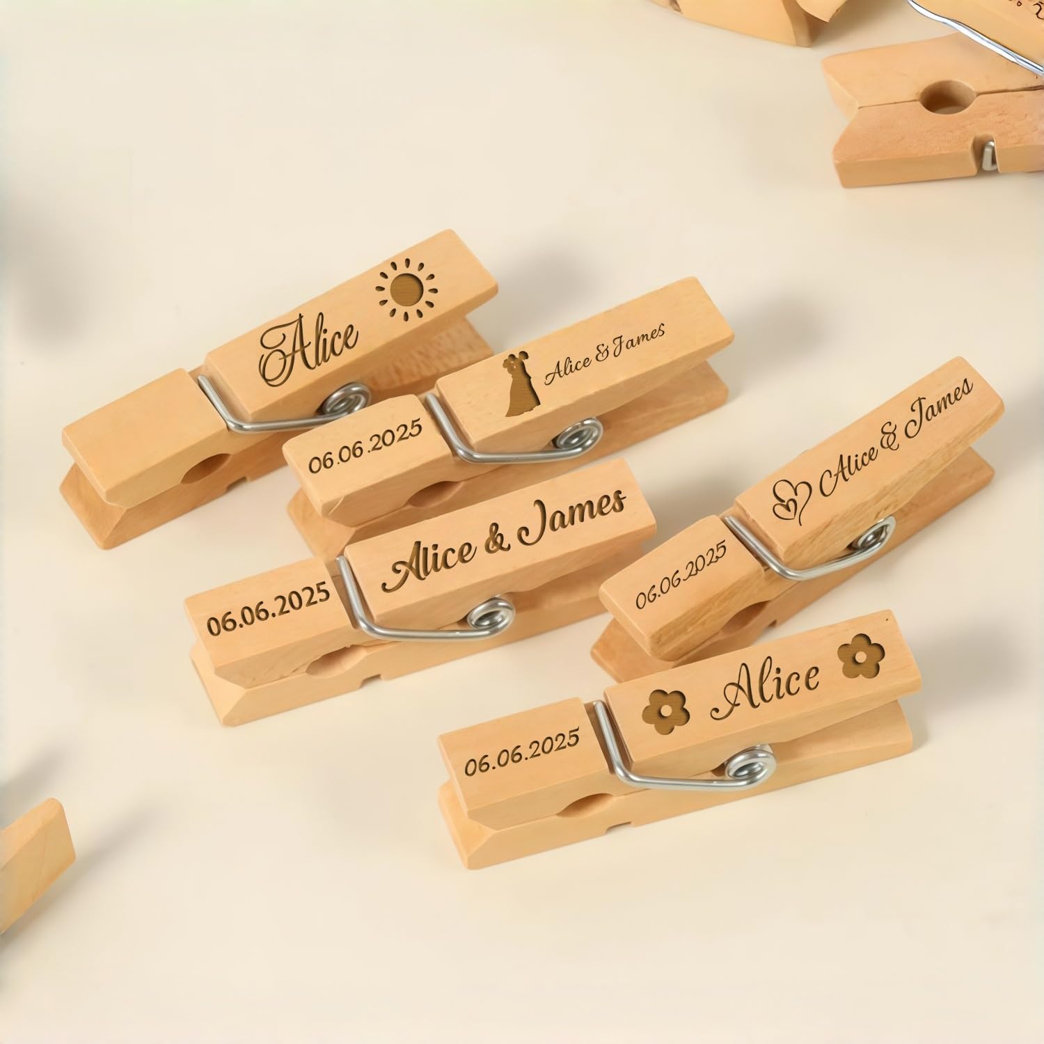 Custom Natural Wood Clips 10-100 Pcs, Personalized Engraved Name Clothespins, Multi-Purpose Hanging Photo Clips for Wedding Decorations & DIY Crafts