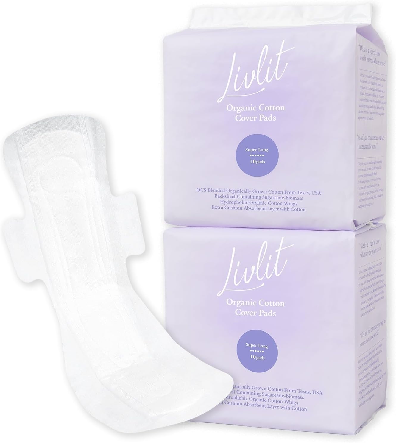 LIVLITSuper Long Overnight Pads Sanitary Pads, 100% Organic Cotton from Texas, Heavy Absorbency, Powerful Leak Protection, Unscented, Extra Long Length Pads for Women (20 Count)