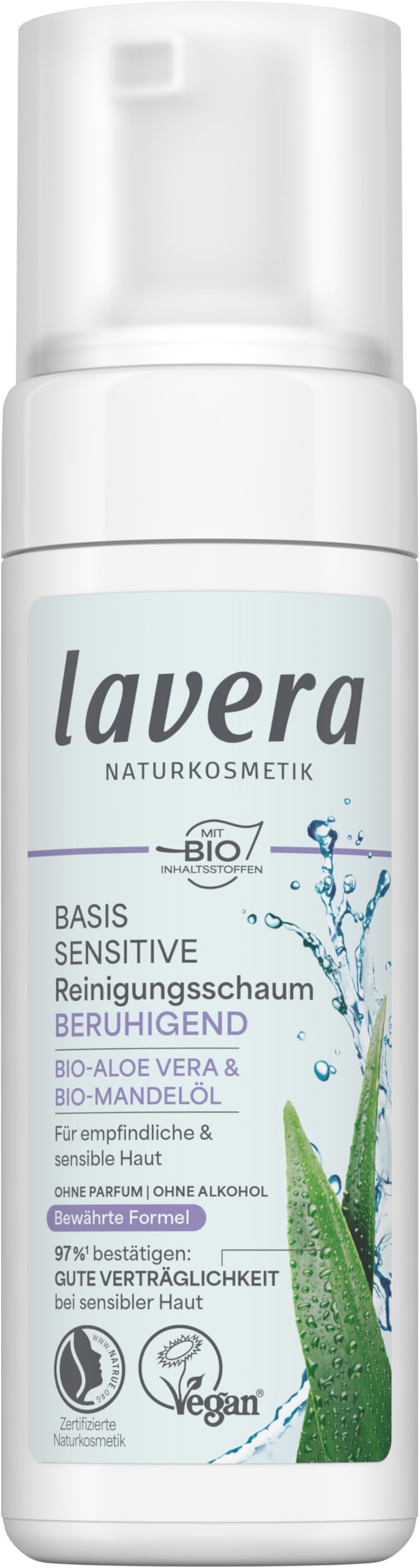 lavera basis sensitiv Reinigungsschaum - Naturkosmetik - vegan - Bio-Aloe Vera und Bio-Mandelöl - Gesichtsreinigung - Natürliche Reinigungsformel - 1 x 150 ml