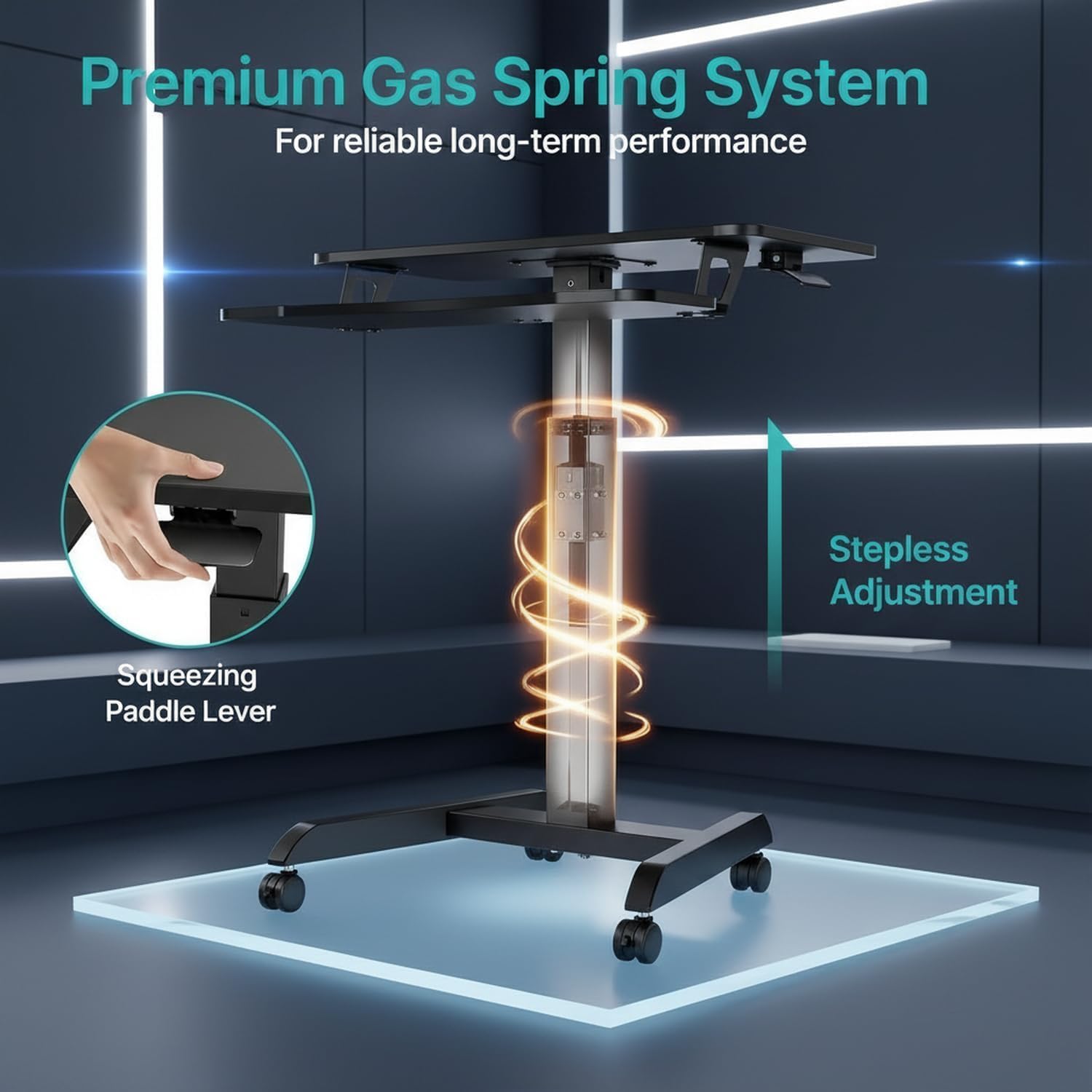 Standing Rolling Desk-Height Adjsutable up to 47.2' Mobile Computer Cart, 31.2'× 27.5' Dual Tier Extended Laptop Cart with Wheels, for Classroom, Office, Black