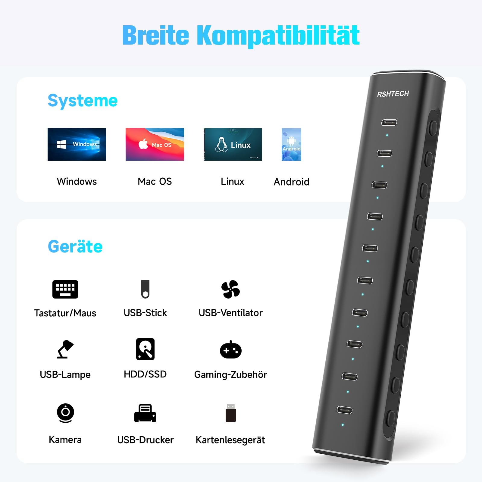 RSHTECH Hub USB C 3.2 Alimentato a 10 Porte (10Gbps/Porta), RSH-H10C | Hub USB Alluminio con Adattatore 60W(12V/5A), Cavo Rimovibile 1m, Interruttore Indipendente, per computer portatile/PC
