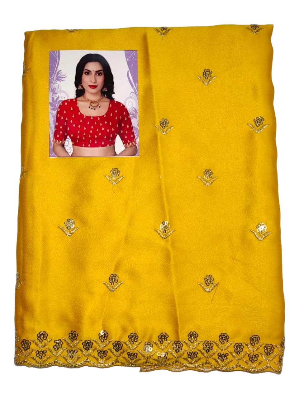 Malai Satin Unstitched Blouse Fabric, Yellow with Embroidered Floral Design, 1 Metre-image-0
