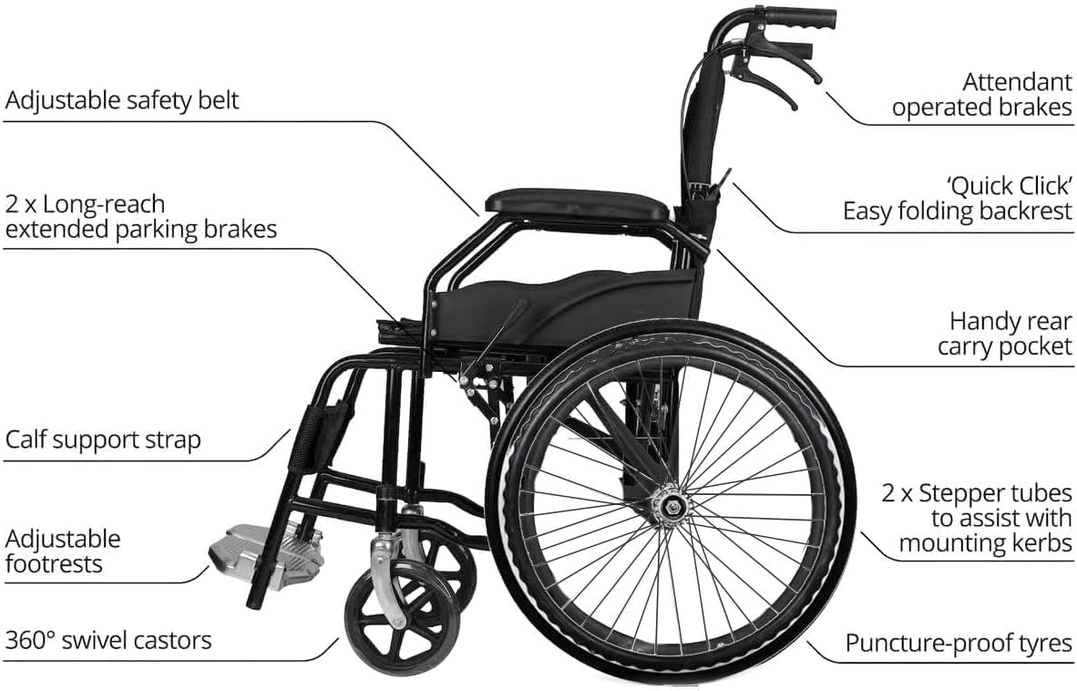 Silla de ruedas plegable, ligera, autopropulsada con ruedas grandes, silla de ruedas de tránsito con ruedas de liberación rápida, diseño resistente, asiento de 18.1 pulgadas