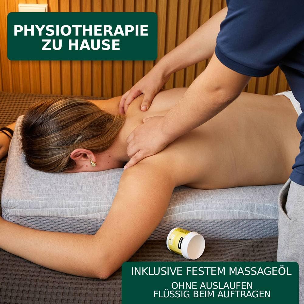 Massagekissen für Nacken, Rücken und Lendenwirbelsäule mit ergonomischer Gesichtsaussparung – bequem in Bauchlage atmen – Fester Schaumstoff, waschbarer Bezug – INKL. Massageöl 100 ml