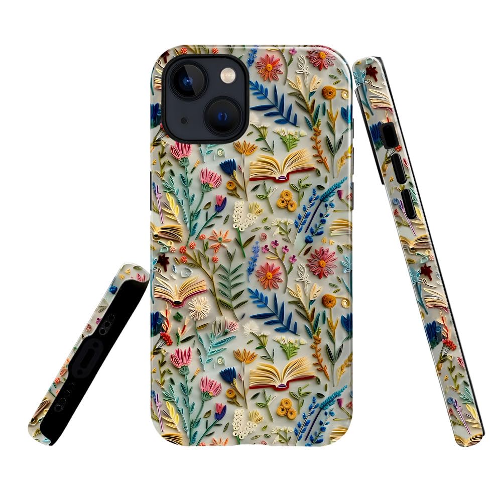 TnXee Case Compatible with iPhone 15,Fall Prevention Glossy Hybrid 2-Layer Hard Shell Cases for Girls Boys,Bookish Flower