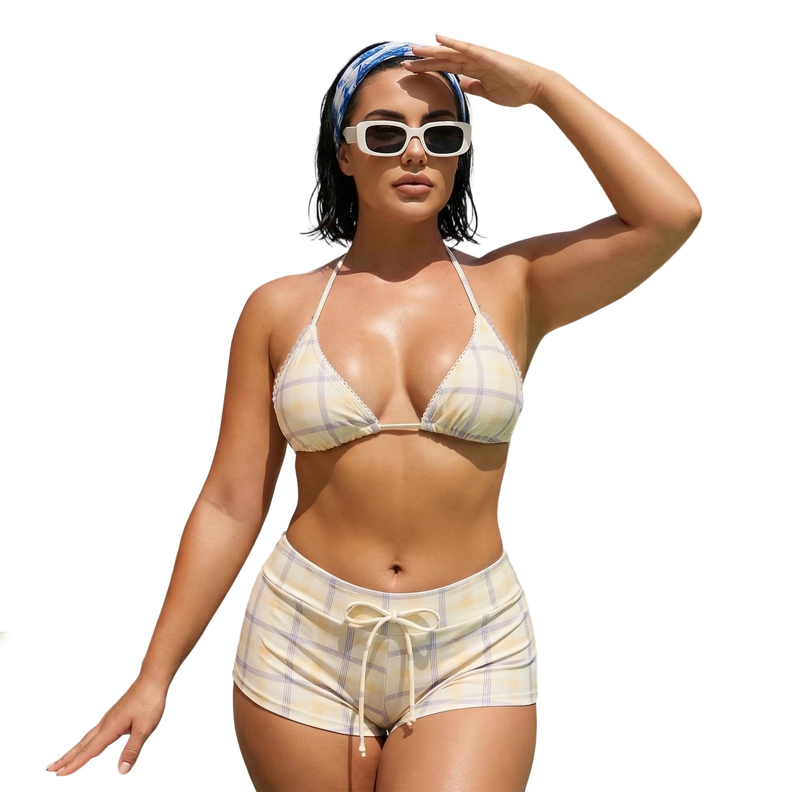 felcia Women's 2 Piece Bikini Set, Plaid Print, Sleeveless, Backless, Triangle and Low Waist Shorts-picture-12