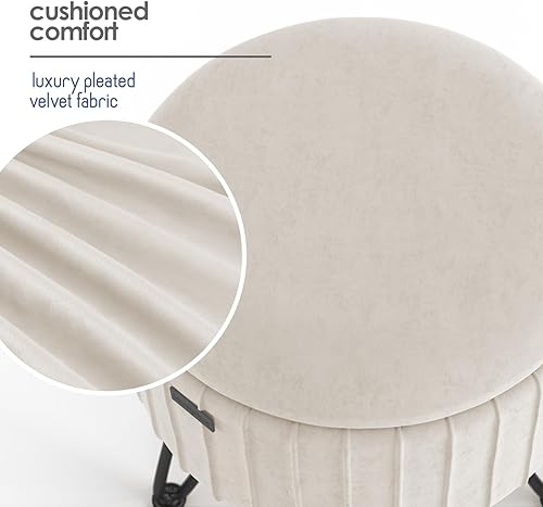 Miniatura 9 de STORAGEBUD Otomana redonda con almacenamiento, otomana de almacenamiento de terciopelo plisado, taburete de pie, taburete de maquillaje, otomanas